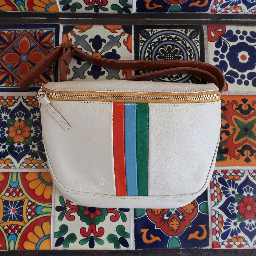 Clare V Cream Crossbody Bag with Red and Green Stripes
